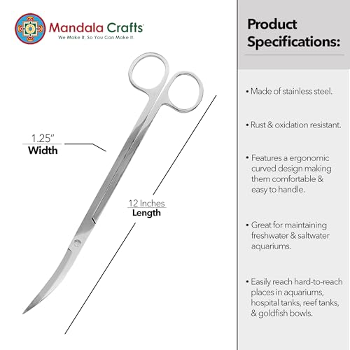 Mandala Crafts 12 Inches Silver Stainless Steel Curved Aquarium Scissors for Trimming Aquatic Plants – Bent Aquascape Scissors for Fish Tanks, Hospital Tanks, Goldfish Bowls, and Terrariums
