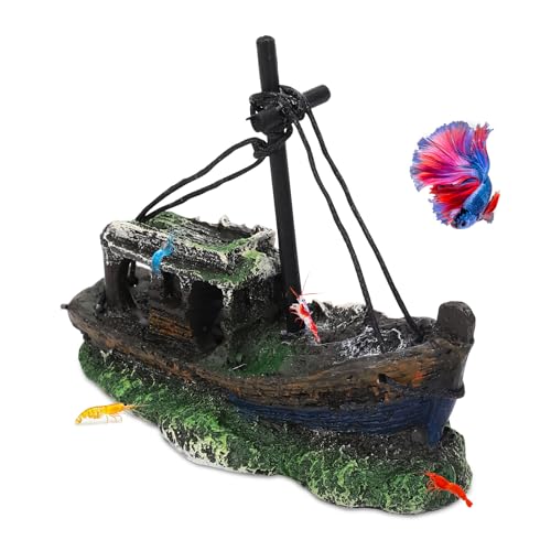 Small Boat Aquarium Decorations Resin - Sunken Shipwreck Fish Tank Ornament for Aquatic Adventure Scene-Approx. 4.9" L x 2.4" W x 3.9" H (Small Boat)