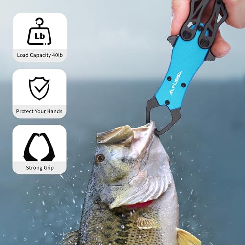 FLISSA Folding Fish Gripper with Lanyard, Lightweight Aluminum Fish Grabber, Portable Fish Lip Gripper Holder for Saltwater and Freshwater Fishing