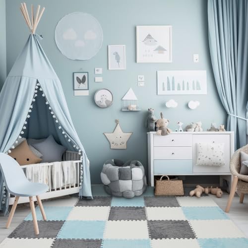 Amylove 36 Pcs Foam Interlocking Carpet Tiles,White, Gray, Light Blue - color: White, Gray, Light Blue