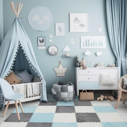 Amylove 36 Pcs Foam Interlocking Carpet Tiles,White, Gray, Light Blue - color: White, Gray, Light Blue