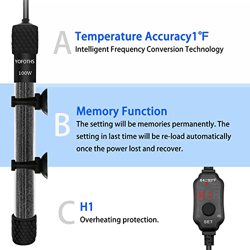 Adjustable Mini Aquarium Heater 10-20 Gallons Submersible Small Fish Tank Heater 100W Digital Display Thermostat External Temperature Controller (100W) - size: 100W