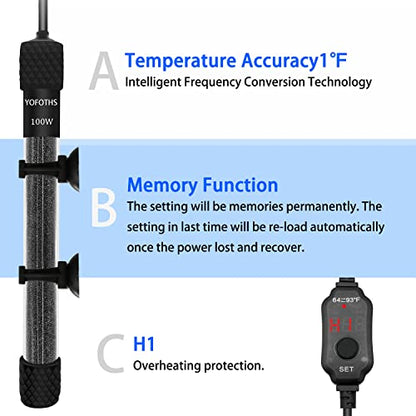 Adjustable Mini Aquarium Heater 10-20 Gallons Submersible Small Fish Tank Heater 100W Digital Display Thermostat External Temperature Controller (100W) - size: 100W