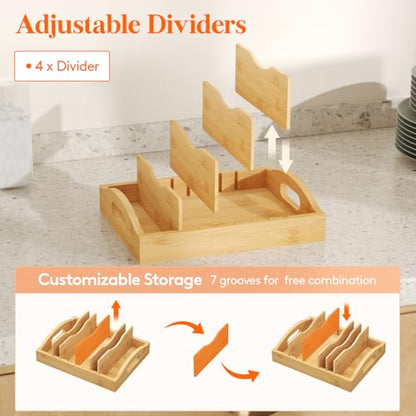 Lifewit Bamboo Lid Organizers for Inside Cabinet, Food Storage Container Lid Holder with 4 adjustable Inserts & 5 Sections, Kitchen Pantry organizer and storage, 10.6" X 8.3" - size: Medium(10.6" x 8.3")