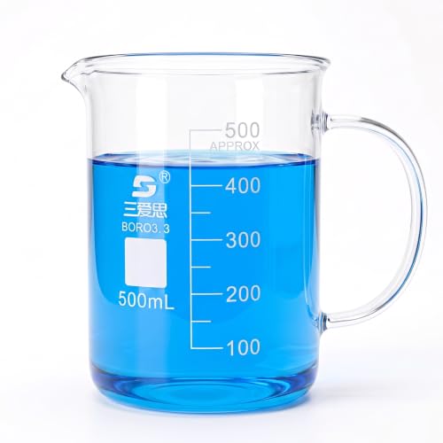 TISMART Glass Beaker with Handle, 1PCS Measuring Cup, BORO 3.3 Corrosion-resistant, for Anti-oxidation, Heat for Lab, Teaching, Craft, Cooking, DIY, Liquid, Science (500ml/16.91oz)