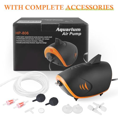 4W 110GPH Powerful Aquarium Air Pump, Quiet 2-outlets Aquarium Aerator, Adjustable Fish Tank Air Pump with Accessories, for 20-200 Gallon Tank, with ON/Off Button