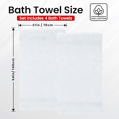 Infinitee Xclusives 100% Ring-Spun Cotton Bath Towels for Bathroom - Pack 4 - color: Brilliant White, size: Bath Towels - 4 Pack