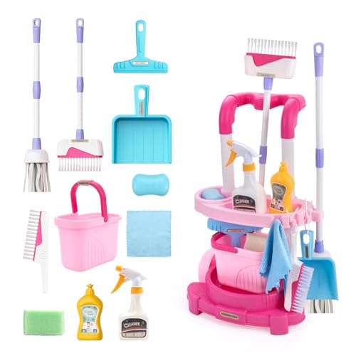 Toddler Cleaning Set, Kids Cleaning Carts Toy Set, Detachable Kids Mop Broom Set for Toddlers - Pretend Play Educational Toy (Pink) - color: Cleaning Cart Set
