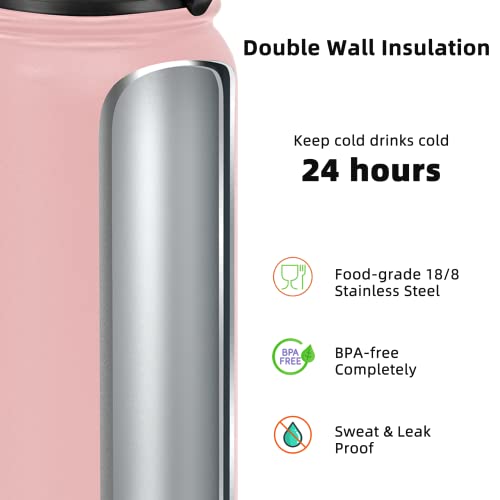Fanhaw 20 oz Insulated Stainless Steel Water Bottle with Anti-Dust Chug Lid & Carabiner Lid, Leakproof Vacuum Metal Bottle for Kids, Teens & Adults, Back to School Essentials (Pink) - color: Pink, style: 20 Ounces - 2 Lids