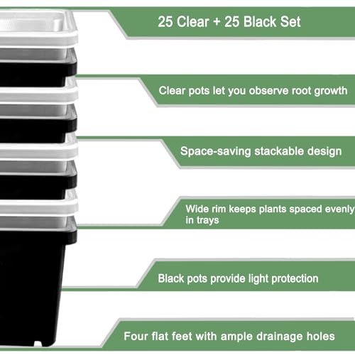 2 Inch Square Nursery Pots, 50 Pack (25 Clear + 25 Black) Seedling Starter Pots, Plastic Plant Pots with Drainage Holes, for Seed Germination, Root View, and Light Blocking - color: Clear + Black (50pcs)