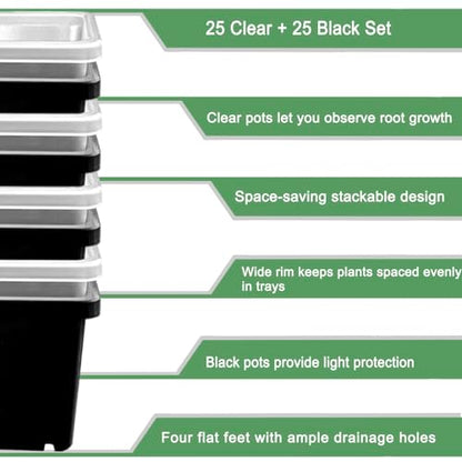 2 Inch Square Nursery Pots, 50 Pack (25 Clear + 25 Black) Seedling Starter Pots, Plastic Plant Pots with Drainage Holes, for Seed Germination, Root View, and Light Blocking - color: Clear + Black (50pcs)