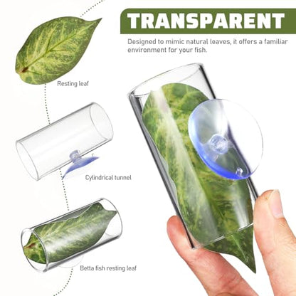 Veemoon 2 Pcs Acrylic Betta Fish Tube Tunnel with Suction Cups Transparent Betta Hideout and Resting Leaf Aquarium Decoration 3.14 X 1.57 Inch Fish Tank Accessory for Home and Office