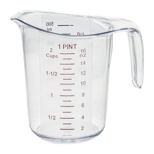 Restaurantware RW Base 1 Pint Measuring Jar 1 Durable Measuring Beaker - Metric And Imperial Units V-Shaped Spout Clear Plastic Measuring Cup Handle With Thumb-Grip Tolerates Up To 248F - color: Clear, size: 5.25" × 3.75" × 5.00"