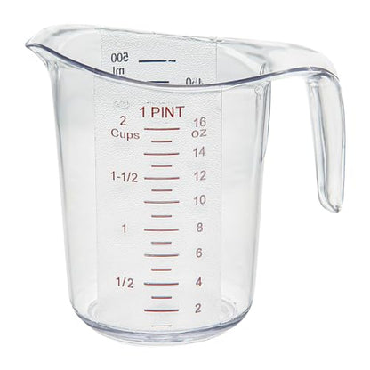 Restaurantware RW Base 1 Pint Measuring Jar 1 Durable Measuring Beaker - Metric And Imperial Units V-Shaped Spout Clear Plastic Measuring Cup Handle With Thumb-Grip Tolerates Up To 248F - color: Clear, size: 5.25" × 3.75" × 5.00"