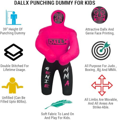 DALLX Kids Grappling Dummy for Fitness Training Practice Wrestling Judo Karate MMA Punching Dummy for Kids Jiu-Jitsu - UNFILLED - color: Pink