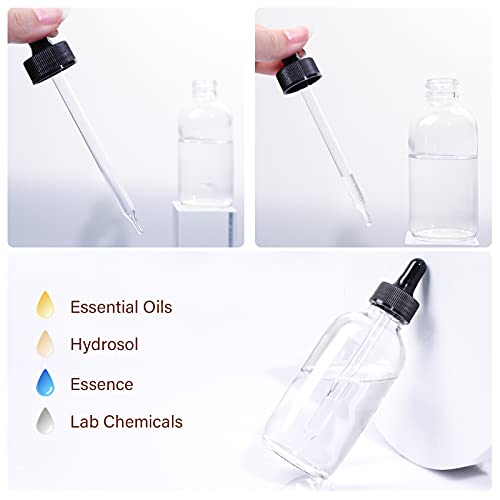24 Pack 4oz Clear Glass Bottles with Glass Eye Droppers for Essential Oils, Perfumes & Lab Chemicals (2 Brushes, 2 Funnels, 2 Extra Droppers, 36 Pieces Labels & 30ml Measuring Cup Included) - color: Clear