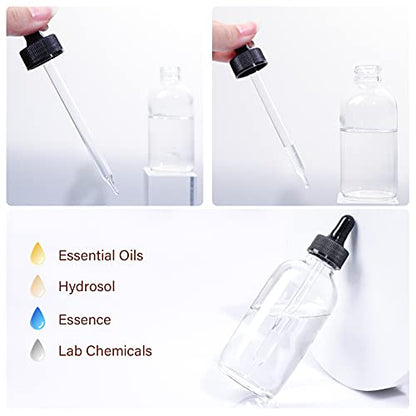 24 Pack 4oz Clear Glass Bottles with Glass Eye Droppers for Essential Oils, Perfumes & Lab Chemicals (2 Brushes, 2 Funnels, 2 Extra Droppers, 36 Pieces Labels & 30ml Measuring Cup Included) - color: Clear