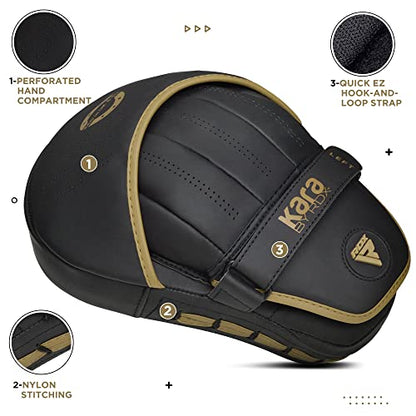 RDX Kids Boxing Pads and Gloves Set, Maya Hide Leather Kara Junior Hook and Jab Curved Focus Mitts Punching Gloves for MMA - color: GOLDEN