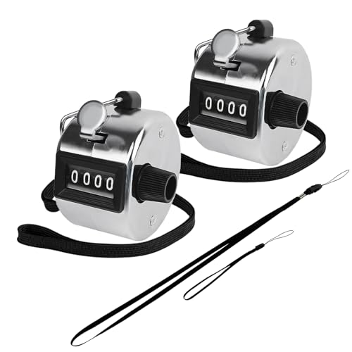 GDMINLO 2PCS Metal Hand Tally Clicker Counter, 4-Digit Number Count Clicker with Metal Case Mechanical Counter for Coaching, Knitting, Lap, Fishing, Golf and Row with 2-Nylon Lanyard,Silver