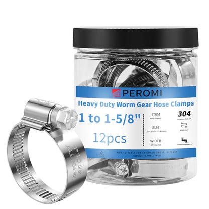 12PCS Adjustable Hose Clamps, 304 Stainless Steel Worm Gear, 1" to 1-5/8"(25-40mm), Rolled Edge No Perforations, Heavy Duty Reusable Pipe Clamp for Marine & Boat Application - size: 1" hose clamp to 1-5/8" hose clamp