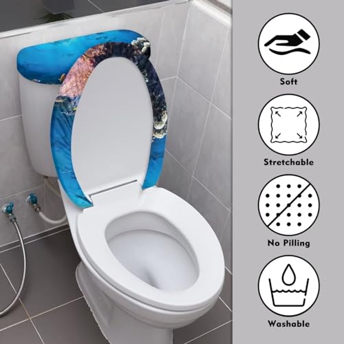 Bathroom Toilet Lid Cover Toilet Seat Cover Set 2 Pcs,Stretch Toilet Tank Lid Cover Protector,Fits Most Toilet Tanks and Lids,Sea Fish Blue