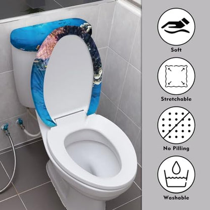 Bathroom Toilet Lid Cover Toilet Seat Cover Set 2 Pcs,Stretch Toilet Tank Lid Cover Protector,Fits Most Toilet Tanks and Lids,Sea Fish Blue