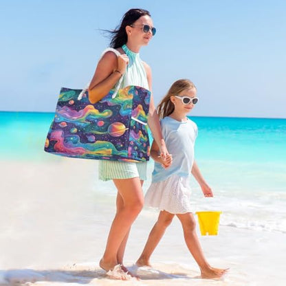senya Large Beach Bags Totes Canvas Tote Shoulder Bag Soft Wave Water Resistant Bags for Gym Travel Daily Ocean - color: Rainbow Planet Dream