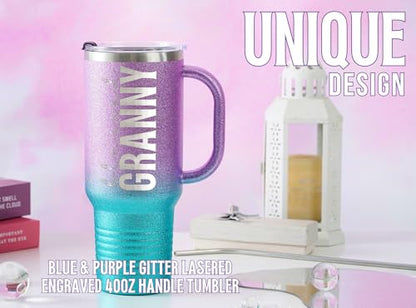 Onebttl Christian Grandma Gifts for Mother's Day & Christmas, 40oz Purple & Blue Glitter Handle Stainless Steel Tumbler, Straw & Lid Included, Blessed Granny Gifts