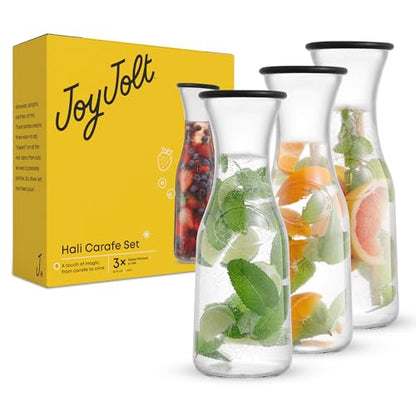 JoyJolt Glass Carafe with Lid, Set of 3 – 1 Liter Glass Pitcher for Mimosa Bar, Water, Iced Tea, Juice, Wine, Lemonade, Milk – Dishwasher Safe Beverage Drink Dispensers for Brunch, Parties
