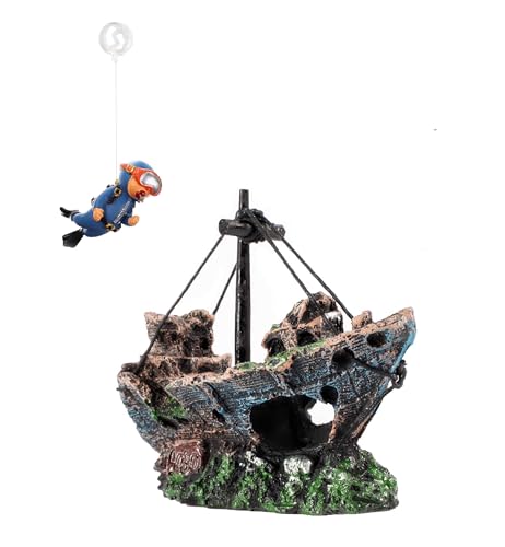 Aquarium Shipwreck Decoration + Little Diver Floating Fish Tank Decoration, Fish Tank Ornaments