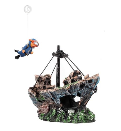 Aquarium Shipwreck Decoration + Little Diver Floating Fish Tank Decoration, Fish Tank Ornaments