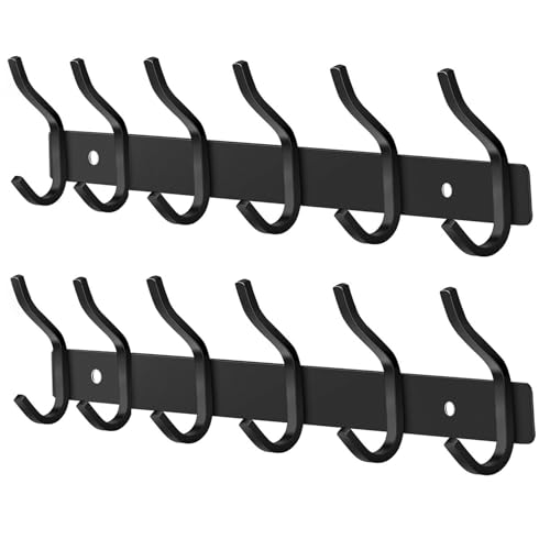 Coat Rack Wall Mount with 6 Hooks, 17 Inch Black Wall Hooks, 2 Packs - color: Black, size: 6 Hooks 2 Pieces