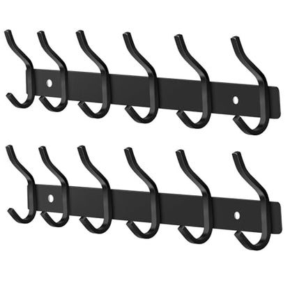 Coat Rack Wall Mount with 6 Hooks, 17 Inch Black Wall Hooks, 2 Packs - color: Black, size: 6 Hooks 2 Pieces