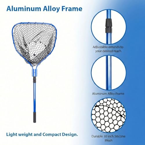UMT Telescopic Fishing Landing Net (3.6–5 ft) — 17" x 19" Large Hoop, 10" Deep Silicone Rubber Mesh, Tight Handle Fit, for Freshwater & Saltwater, Blue