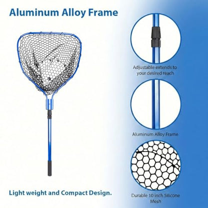 UMT Telescopic Fishing Landing Net (3.6–5 ft) — 17" x 19" Large Hoop, 10" Deep Silicone Rubber Mesh, Tight Handle Fit, for Freshwater & Saltwater, Blue