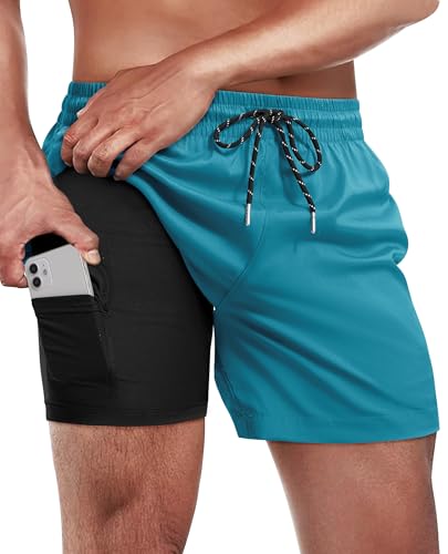 Gleeease 5 Inch Mens Swim Trunks with Compression Liner Men's Bathing Suit - color: Bluish Green, size: Small