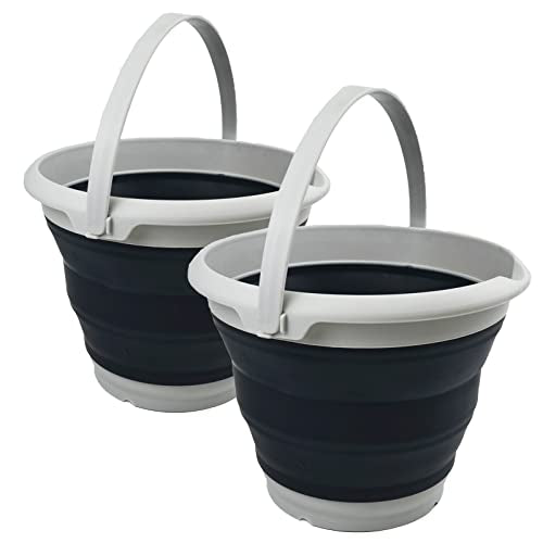 SAMMART 8.5L (2.2 Gallon) Collapsible Plastic Bucket - Foldable Round Tub - Portable Fishing Water Pail - Space Saving Outdoor Waterpot. Size 31cm Dia (Grey/Black (Set of 2)) - color: Grey/Black (Set of 2)