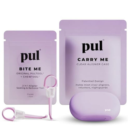 PUL Aligner Care Convenience Kit – Case + 2-in-1 Tool for Invisalign, Retainers, Partial Dentures, Mouth & Night Guards & More – Purple Case & 2-Pack of Purple Aligner Seating Chewie & Removal Tool - color: Purple Combo