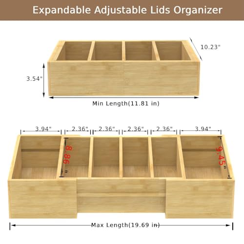 Lid Organizer for Cabinet, Bamboo Expandable Kitchen Organizer with 3 Adjustable Dividers for Plastic Lids, Large Food Storage Container Lid Holder for Drawer, Countertop, Pantry