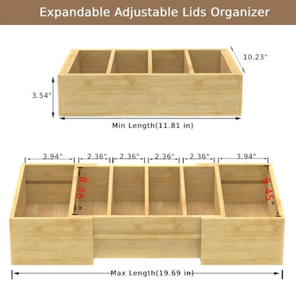 Lid Organizer for Cabinet, Bamboo Expandable Kitchen Organizer with 3 Adjustable Dividers for Plastic Lids, Large Food Storage Container Lid Holder for Drawer, Countertop, Pantry