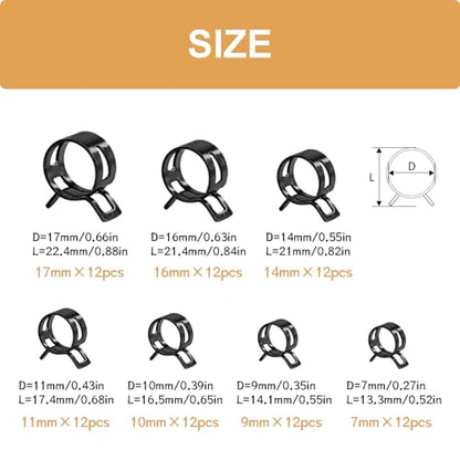 84PCS 7-17mm Fuel Line Hose Clamps Spring Clamp Firmware Silicone Vacuum & Automotive Replacement Fastener Sorting Kit, Black Manganese Steel Spring Hose Clamp DD006-b - color: Black Zinc