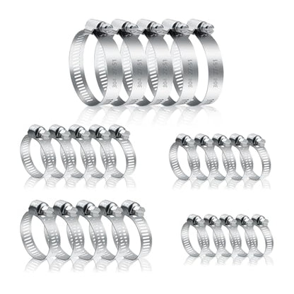 25 Pcs Adjustable Stainless Steel Hose Clamps Assortment, 1/4-2 in (6-51mm) Metal Pipe Clampss, Heavy Duty Automotive Worm Gear Hose Clamps for Plumbing Garden Home Washing Machine, etc