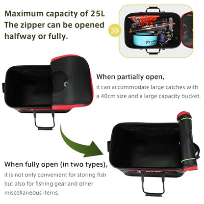 SANLIKE Foldable Live Fish Bucket, EVA Fishing Bait Bucket, 35/40/45CM Collapsible Fish Container, Leakproof Livewell for Kayak Boat Bank Fishing, Black/Army Green - color: Black-45cm