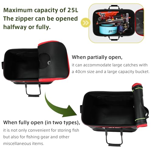 SANLIKE Foldable Live Fish Bucket, EVA Fishing Bait Bucket, 35/40/45CM Collapsible Fish Container, Leakproof Livewell for Kayak Boat Bank Fishing, Black/Army Green - color: Black-40cm