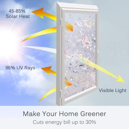 Volcanics Window Privacy Film Static Window Clings Vinyl 3D Decals Stickers Rainbow Window Film for Glass Door Home Heat Control Anti UV 17.5 x 78.7 Inches