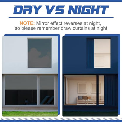 36 Inchx26 ft One Way Window Film Daytime Privacy Reflective Mirror Window Tint Sun Blocking Thermal Insulated Film Heat Control Static Cling Tint Anti UV Home Office (Black Silver) - color: Black Silver, size: 36 inch x 26 ft