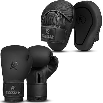 Kruzak Matte Black Boxing Gloves and Pads, Boxing Gloves Training Set for Kickboxing and Muay Thai MMA Training - Boxing Kit for Adults with Punching Pads for Martial Arts and Karate - size: 10 oz