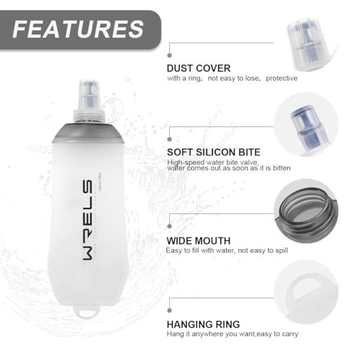 WRELS 200ml/350ml/500ml Collapsible Soft Flask,BPA Free Folding Soft Water Bottle with Hanging Ring,Lightweight TPU Hydration Flask for Running Marathon Cycling Hiking - color: Grey-500ml*2