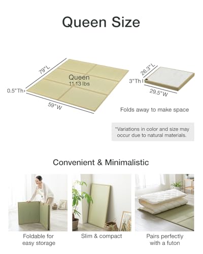 FULI Japanese Tatami Mattress, Foldable Igusa Rush Grass, Natural, Queen - size: Queen (79"L x 59"W x 0.5"Th), style: Foldable Mat