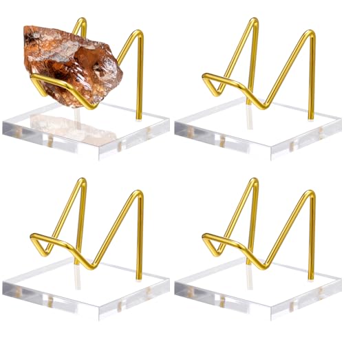 4 Pcs Metal Crystal Display Stand Rock Holder Crystal Display Shelf with Metal Arms Acrylic Pedestal Base for Mineral Gemstone Agate Fossil Coral Geode Jewelry Collectible(Gold,2 x 2 x 1.8) - color: Gold, size: 2 x 2 x 1.8